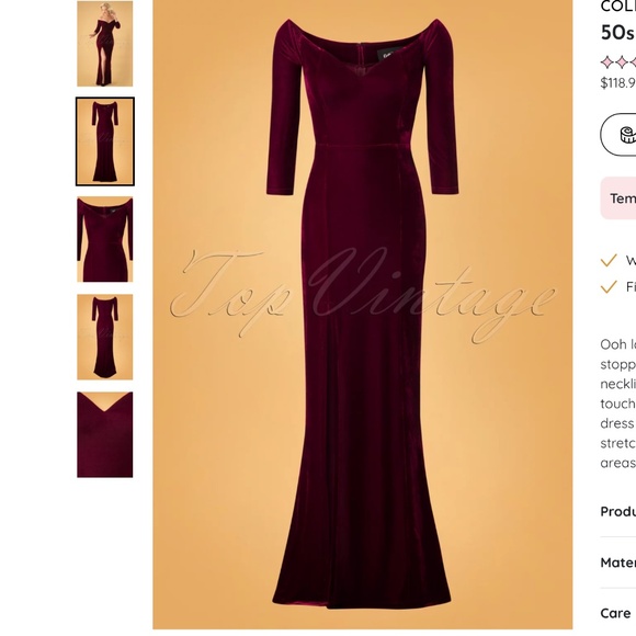 Collectif clothing 50s Anjelica Velvet Maxi Dress in Wine Medium uk12 - Picture 2 of 7